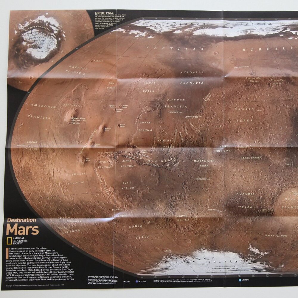 Vintage dual sided National Geographic map "Destination Mars / Mars Revealed.'